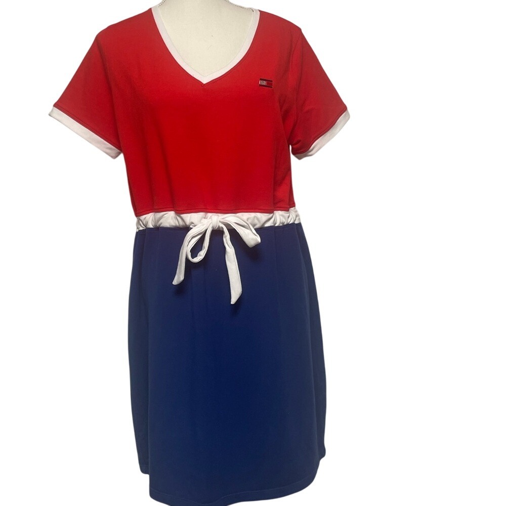 Tommy Hilfiger Red and Navy V‑Neck Drawstring Dress